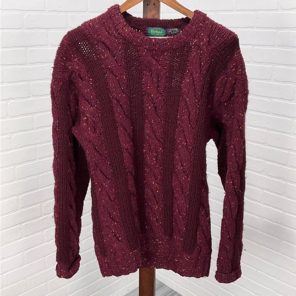 Byford Sweater Women M-L Burgundy Multi‎ Fleck Wool Hand Knit Cable FLAW